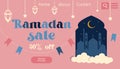 Vector hand drawn illustration - discount banner for ramadan. Image of a mosque, lanterns, stars