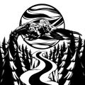 Vector hand drawn illustration of eagle in wood. Surreal Tattoo artwork.