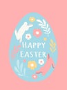 Vector hand drawn illustration. Easter greeting card with big egg and rabbits, colored eggs, flowers