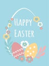 Vector hand drawn illustration. Easter greeting card with  colored eggs, flowers and the inscription `Happy Easter Royalty Free Stock Photo