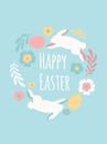 vector hand drawn illustration. Easter greeting card with rabbits, colored eggs, flowers and the inscription `Happy Easter` Royalty Free Stock Photo