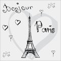 Vector Hand Drawn Illustration With Eiffel Tower. Bonjour Paris