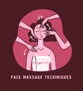 Vector hand drawn illustration of face massage and skin care instructions and techniques on portrait of young beautiful lady. Royalty Free Stock Photo