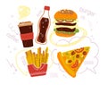 Vector hand drawn illustration of fast food pizza, double burger, coffee, soda, fries, doodle element text box, arrow, star isolat