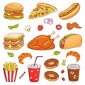 Vector hand drawn illustration of fast food Royalty Free Stock Photo