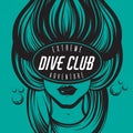 Vector hand drawn illustration of female diver with marine waves in the mask .