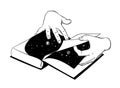 Vector hand drawn illustration of female hands flipping the book.