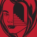 Vector hand drawn illustration of female head with door and stairway.