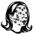 Vector hand drawn illustration of girl with pills on her face isolated. Royalty Free Stock Photo