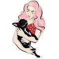 Vector hand drawn illustration of girl with pink hair with bulldog isolated.