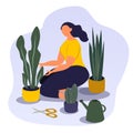 vector hand drawn illustration - a girl plants home plants, near scissors and a watering can Royalty Free Stock Photo