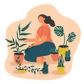 Vector hand drawn illustration - a girl plants home plants. trendy flat illustration for websites