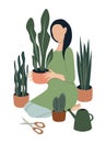 Vector hand drawn illustration - a girl plants home plants