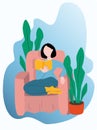 Vector hand drawn illustration of a girl reading a book at home while sitting in a chair. trending flat illustration for websites Royalty Free Stock Photo