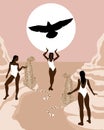 Vector hand drawn illustration of girls in swimsuits on rocks with cheetah and silhouette of eagle.