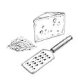 Vector hand-drawn illustration of grated cheese with grater isolated on white. Sketch of natural dairy product in engraving style Royalty Free Stock Photo