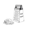 Vector hand-drawn illustration of grater with grated cheese, vegetable or other product isolated on white. Sketch of cooking in