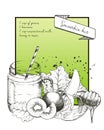 Vector hand drawn illustration of green smoothie recipe. With jar and cocktail tube.