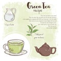 Vector hand drawn illustration of green tea recipe with list of ingredients