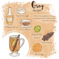 Vector hand drawn illustration of grog recipe with list of ingredients