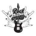 Vector hand drawn illustration of guitar, rock hands and handwritten lettering. Royalty Free Stock Photo