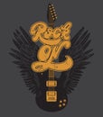 Vector hand drawn illustration of guitar with wings and handwritten lettering. Royalty Free Stock Photo