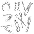 Vector hand drawn illustration of hairstyle accessories on white background. Royalty Free Stock Photo