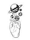 Vector hand drawn illustration of hand with planets