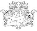 Vector hand drawn illustration of hugging cupids with wings and rococo frame .