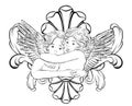 Vector hand drawn illustration of hugging cupids with wings and rococo frame .