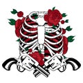 Vector hand drawn illustration of human ribs with flowers and guns isolated.