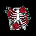Vector hand drawn illustration of human ribs with flowers isolated.