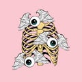 Vector hand drawn illustration of human ribs with flying eyes isolated.