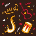 Vector hand drawn illustration for international jazz day with music instruments. Saxophone, guitar, drum and trumpet