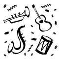 Vector hand drawn illustration for international jazz day with music instruments. Saxophone, guitar, drum and trumpet