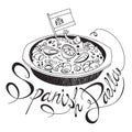 Freehand sketch style drawing of seafood paella pan with Spanish flag and hand written lettering.