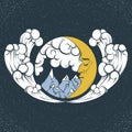 Vector hand drawn illustration of landscape with moon, clouds, waves, mountains.