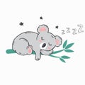 Vector hand drawn illustration of little cute koala sleeping on green bamboo tree with star and letters z. Royalty Free Stock Photo