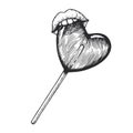 Vector hand drawn illustration of lollipop with lips isolated on white. Sketch of mouth biting candy heart on stick in engraving