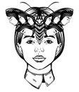 Vector hand drawn illustration of moth with female faces