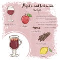 Vector hand drawn illustration of mulled apple wine recipe with list of ingredients