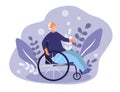Vector hand drawn illustration - an old man in an active wheelchair and flowers.