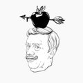 Vector hand drawn illustration of old man with moustache and apple with arrow isolated