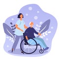 Vector hand drawn illustration - an old man in a wheelchair. behind there is a woman who helps him.