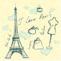 Vector hand drawn illustration with Paris symbols.