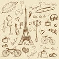 Vector hand drawn illustration with Paris symbols.