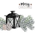 Vector hand drawn illustration of pine tree branches, cones and lantern. Christmas engraved art decoration.
