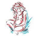 Vector hand-drawn illustration of pregnant elegant woman expecting baby, sketch. Love and fondle theme.