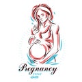 Vector hand-drawn illustration of pregnant elegant woman expecting baby, sketch. Medical rehabilitation and childcare center mark Royalty Free Stock Photo