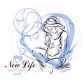 Vector hand-drawn illustration of pregnant elegant woman expecting baby, sketch. Medical rehabilitation and childcare center mark Royalty Free Stock Photo